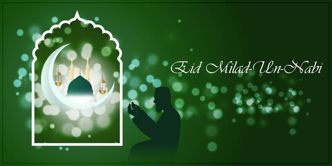 Vector illustration of Eid Milad-Un-Nabi means birth of the Prophet, mosque, moon, lanterns, muslim man performing prayer, bokeh background, Islamic greeting banner template.