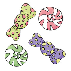 sweet candy caramels in wrapper and without, lollipops, kawaii sweets, vector, cute drawing for kids