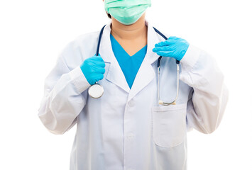 A confident female nurse standing with stethoscope, woman doctor in white uniform, studio shot isolated on over white background, medical health concept