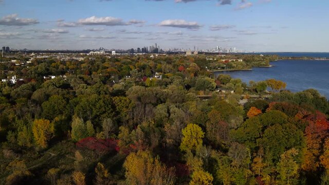 Aerial View of forest in Mississauga in fall, Canada. Drone flies over park trees and Lake in Lake shore with Toronto downtown on the background.  Sunny autumn day.