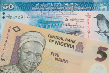 A macro image of a orange, plastic five naira note from Nigeria paired up with a blue and white fifty rupee bank note from Sri Lanka.  Shot close up in macro.