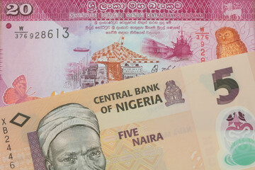 A macro image of a orange, plastic five naira note from Nigeria paired up with a pink and white twenty rupee bank note from Sri Lanka.  Shot close up in macro.