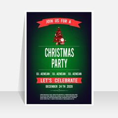 Christmas party invitation poster template with christmas tree, gift and santa claus. Vector illustration Eps 10.