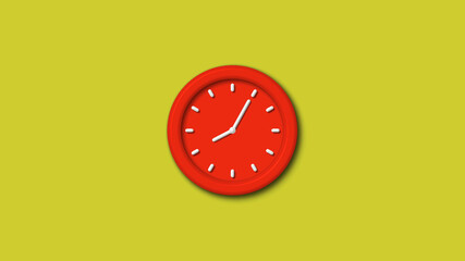 Red color 3d wall clock isolated on yellow background, 12 hours 3d wall clock