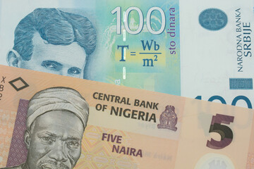 A macro image of a orange, plastic five naira note from Nigeria paired up with a bue and white one hundred Serbian dinar note. Shot close up in macro.