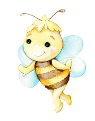 Cute weave, on an isolated background. Watercolor illustration on an isolated background, insect bee, in cartoon style.