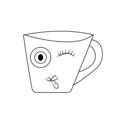 Cup with a closed eye and tongue drawn in the style of minimalism, doodle. Design is suitable for postcards, paintings, kitchen and children's room decor, printing on T-shirts and clothes. Vector