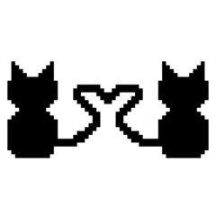 Pixel style silhouette of two black cats with heart-shaped tails. The design is suitable for postcards, paintings, factories, decor and nursery, T-shirt printing and clothing. Isolated vector