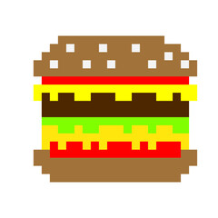 Hamburger in a pixel style on a white background. The design is suitable for fast food, cafes, postcards, paintings, factories, kitchen decor, t-shirt printing and clothing. Isolated vector