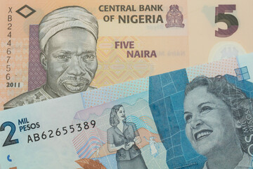 A macro image of a orange, plastic five naira note from Nigeria paired up with a blue two thousand bank note from Colombia.  Shot close up in macro.