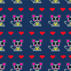 Seamless pattern with funny mice and hearts in pixel style. The design is suitable for postcards, holidays, paintings, factories, decor and nursery, t-shirt and clothing printing. Isolated vector