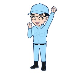 Young man in light blue work clothes