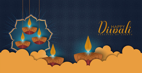 Happy Diwali festival holiday Background with paper cut diya. Symbol of Diwali celebration greeting card