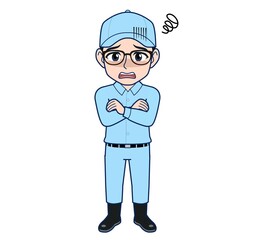 Young man in light blue work clothes