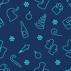 Seamless pattern in New Year's style on this background with different elements of mittens, boots, champagne, glasses, toys, Christmas tree, gift box for design decoration. Isolated vector