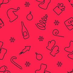 Vector isolated seamless pattern in New Year style with various elements, gifts for various decorations of Christmas gifts and surprises, cards, wrapping paper, decor on a pink background