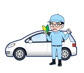 Young man in light blue work clothes