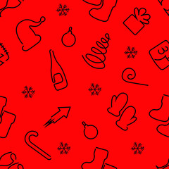 Seamless pattern with New Year's elements on a red background. The design is suitable for a variety of decorations of Christmas gifts and surprises, postcards, wrapping paper, decor. Isolated vector