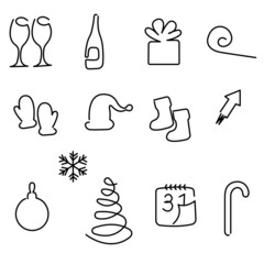 Christmas set with many elements for decorating the New Year's design in the style of minimalism, doodle. Can be used for decoration, postcards. Isolated vector illustration on white background