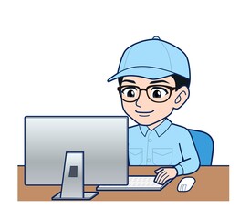 Young man in light blue work clothes