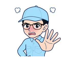 Young man in light blue work clothes