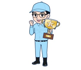 Young man in light blue work clothes