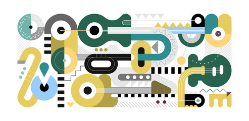 Obraz premium Geometric style vector illustration, colored flat design of different musical instruments isolated on a white background. Abstract art composition of electric guitar, acoustic guitars, trumpet and sax