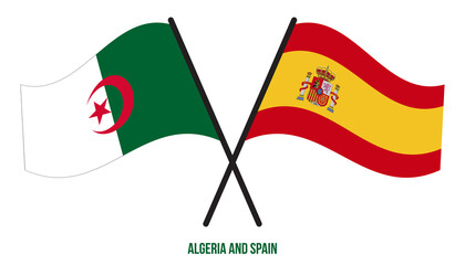 Algeria and Spain Flags Crossed And Waving Flat Style. Official Proportion. Correct Colors.