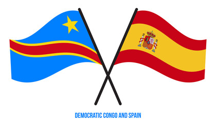 Democratic Congo and Spain Flags Crossed & Waving Flat Style. Official Proportion. Correct Colors.