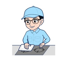 Young man in light blue work clothes