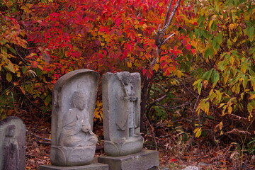紅葉と地蔵。秋の日本の場面。