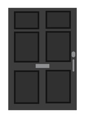 Black closed front door. Isolated on a white background. Flat design. Vector illustration.
