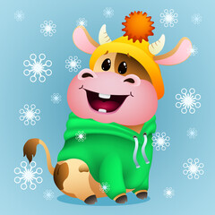 Funny cartoon little cow in winter hat on blue background with snowflakes. Vector illustration.
