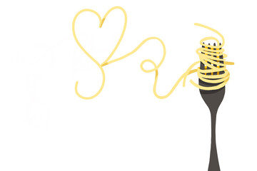 Long pasta on a fork in the shape of a heart. Drawing on a white background. To design a menu, postcard, poster, or website. - 385907003