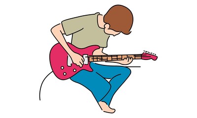 Young boy playing guitar, line art color illustration