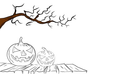 vector illustration of a hand drawn halloween concept. Spooky pumpkin on a wooden platform