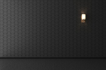 The wall lamp on the black wallpaper in dark room. working space. 3D rendering