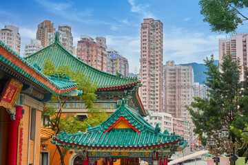 Hong kong cityscape with old culture temple and building background