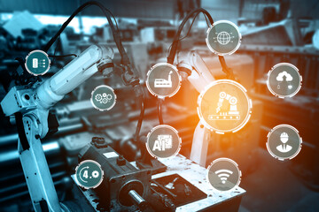 Industry 4.0 technology concept - Smart factory for fourth industrial revolution with icon graphic showing automation system by using robots and automated machinery controlled via internet network .