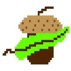 A brown acorn with a green leaf in a pixel style. The design is suitable for postcards, paintings, factories, decor and nursery, T-shirt and clothing printing. Isolated vector illustrations