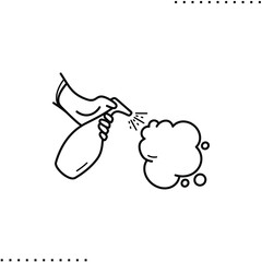 hand holds a spray bottle and sprays a cloud, disinfection vector icon in outline
