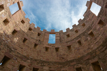 INTERIOR OF MEDIEVAL TOWER WITH A VIEW TOWARDS THE SKY, IN A VILLAGE OF CASTELLON CALLED...