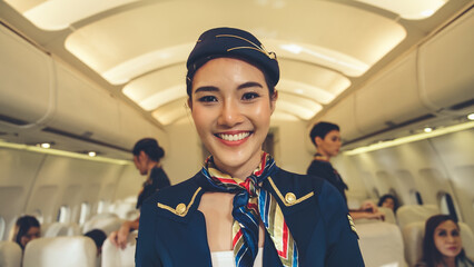 Cabin crew or air hostess working in airplane . Airline transportation and tourism concept.