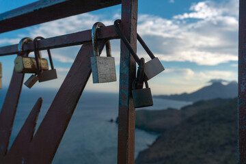 PRECIOUS PADLOCKS ON BALCON DE MIRADOR DE LA AMETHYST NEXT TO LAS NEGRAS IN CABO DE GATA, ALMERIA,...