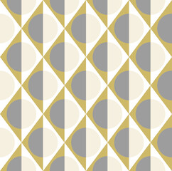 Simple geometric seamless pattern of rhombuses, triangles and circles in grey, gold and white colors. Vector illustration for fashion design, wallpaper, textile, fabric, wrapping paper.