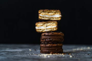 Traditional Alfajores (Alfajor) with dulce de leche covered with chocolate - Traditional Argentine sweet