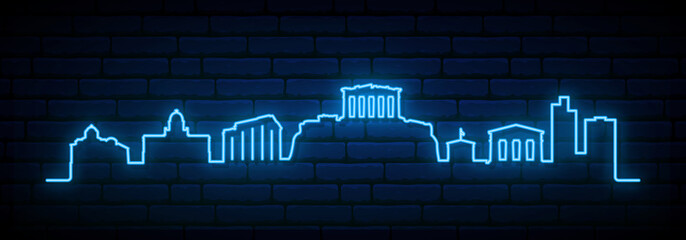 Blue neon skyline of Athens. Bright Athens City long banner. Vector illustration.