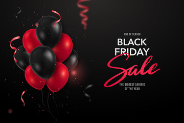 Black Friday horizontal banner. Sale background with 3d red and black realistic balloons and serpantine. Advertising vector banner.