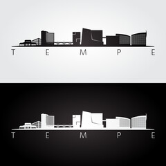 Tempe, Arizona skyline and landmarks silhouette, black and white design, vector illustration.