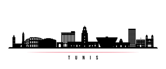 Tunis skyline horizontal banner. Black and white silhouette of Tunis City. Vector template for your design. - obrazy, fototapety, plakaty